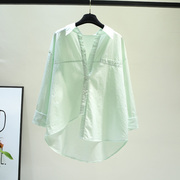 浅绿色设计感拼接长袖棉衬衫女春夏韩系茶歇法式洋气漂亮醋酸上衣