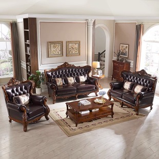 美式实木雕花沙发客厅家具欧式别墅真皮沙发，组合新古典(新古典)奢华皮沙发