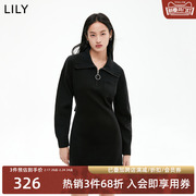 商场同款lily女装优雅复古大翻领针织，连衣裙小黑裙