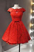 二手礼服短款 进口蕾丝 大红色 大裙摆 包肩超显瘦成人礼聚会