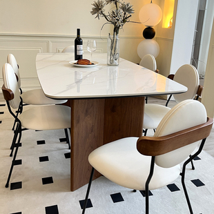 法式奶油复古黑胡桃色，实木岩板餐桌椅组合侘寂风长方形小户型餐桌