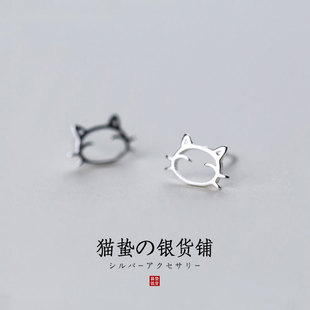 猫蛰s925纯银耳钉女日韩学生，小清新可爱镂空小猫咪耳饰防过敏