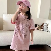 森系女童中长款T恤裙夏季儿童洋气卡通宝宝可爱短袖连衣裙子
