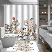 涤纶浴帘花卉植物，水彩画浴室四件套，干湿分离隔离防水浴