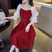 法式假两件连衣裙女春夏季红色小礼服质感高级感气质半袖收腰裙子