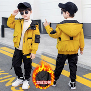男童冬装加棉套装，2023中大童儿童秋冬季韩版加厚工装服两件套