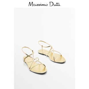 Massimo Duti女鞋 2024春夏金属色多条细带设计平底时装凉鞋