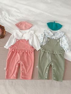 女宝宝秋装背带裤套装洋气婴幼儿纯色背带裤+韩版衬衫上衣两件套