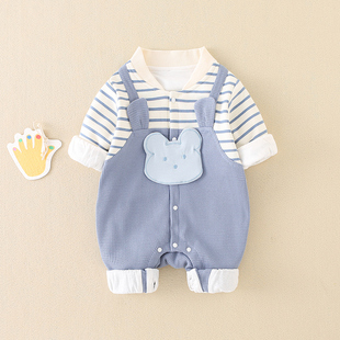新生婴儿连体衣春秋装0-12个月男宝宝长袖假两件拼接小熊时尚爬服