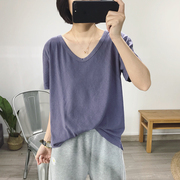 短袖t恤女紫色宽松v领2023年夏季韩版亚麻白色休闲上衣ins潮