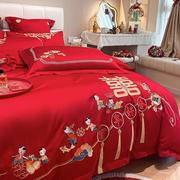 高档结婚四件套大红色床单被套，百子图婚房喜被婚庆床上用品六件套