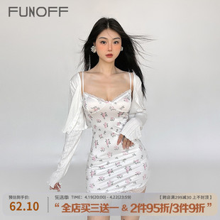 FUNOFF 法式bm风白色蕾丝拼接碎花吊带裙辣妹低胸修身包臀短裙女