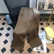 时尚直筒褶皱小西裤男装宽松显瘦设计感咖啡色阔腿拖地微喇西装裤