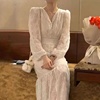 2024春夏新韩国东大门法式V领白色重工蕾丝连衣裙气质仙女长裙