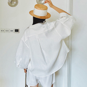 IMGN COCOPOW原创设计宽松大袖亚麻衬衫女春秋白色气质开衫上衣
