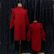 亲子装儿童长款毛衣连衣裙2023新年装秋冬装，女童针织红色裙母女款