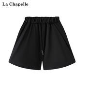 拉夏贝尔黑色运动短裤女2023夏季薄款小个子高腰宽松休闲裤子