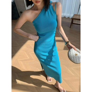 WANGXO蓝色针织露肩吊带连衣裙女夏季2023修身显瘦设计感长裙