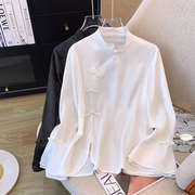 新中式衬衫女2024年春季高级感国风立领盘扣，复古白色提花衬衣