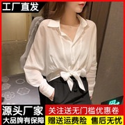 超仙防晒衣女短款夏季韩版蝴蝶结系带设计感上衣白色雪纺衬衫
