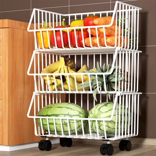 厨房蔬菜置物架收纳筐，多功能落地果蔬架可移动三层水果篮放菜架子