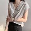 纯棉v领短袖衬衫女2024春夏韩版通勤高级设计感显瘦气质上衣