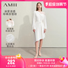 Amii2024夏宽松不规则斜裙摆拼雪纺露肩花边长袖连衣裙女款