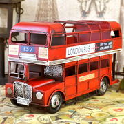铁皮双层巴士模型汽车摆设，仿古桌面摆件，玄关复古软装饰品家里创意
