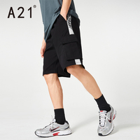 A21夏季2021男装 宽松直筒中裤子男士休闲裤黑色纯棉工装短裤