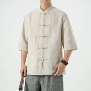 唐装男款中国风男装亚麻衬衫，外套七分袖盘扣衬衣，中式棉麻料上衣夏