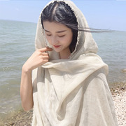 小众沙漠盐湖丝巾纯色遮阳披肩纱巾棉麻长款纯色，蕾丝拼接度假头巾