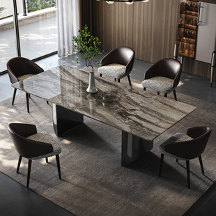 威尼斯棕天然大理石餐桌，长方形家用意式轻奢现代高端别墅餐桌