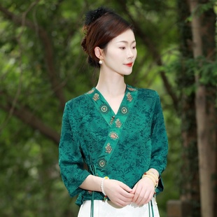 素娘夏季女式面料柔软短袖，拼接国风气质刺绣，开衫外套s18691c