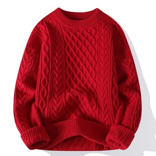 本命年大红色毛衣秋冬季男慵懒高级感粗麻花针织外套圣诞情侣线衣