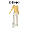 奶黄色假两件长袖软糯慵懒刺绣针织开衫女白色，口袋工装长裤两件套