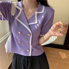 夏季2020韩版网红短袖针织衫，女洋气紫色开衫，薄款外搭短款上衣