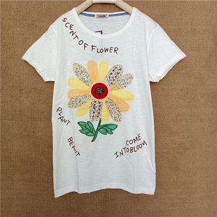短袖T恤2023年女rough小众夏季薄款纯棉学生白色绣花绿叶花朵