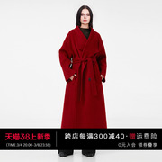 深红色v领绵羊毛羊绒毛呢外套，女冬季腰带双排，扣设计长款外套