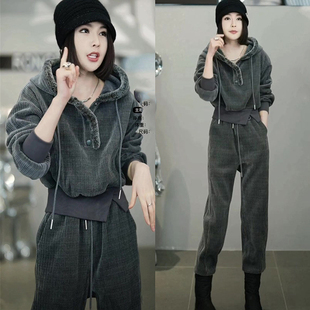 2023冬季韩系卫衣套装，加绒加厚连帽上衣，休闲束脚裤运动两件套
