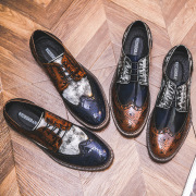 复古擦色撞色brogue鞋雕花，布洛克男鞋多色三色拼接做旧巴洛克皮鞋