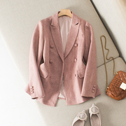 烟粉色羊毛呢小西装修身显瘦双排扣包扣设计呢子西服外套秋冬
