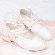 女童公主鞋24单鞋，儿童高跟鞋中大童夏天包头凉鞋，软底皮鞋白色