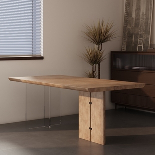 北欧原木泡茶桌椅组合法式做旧白蜡木茶台办公室实木大板桌悬浮桌