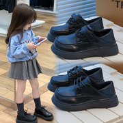 儿童皮鞋黑色2024秋冬女童，英伦风百搭演出鞋加绒，保暖棉鞋冬季