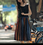 中国风条纹夏季100%纯棉双层半身裙中长款彩虹百褶裙女文艺复古裙