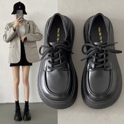 女厚底乐福鞋2024年秋季松糕鞋子，英伦风粗跟单鞋jk黑色小皮鞋