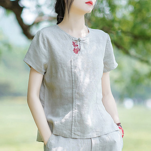 亚麻中式国风t恤复古女装夏季2024宽松棉麻，上衣短款短袖小衫