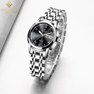 时尚瑞士夜光石英钢带日历手表，商务圆形精钢皮带女表国产腕表
