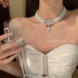 超闪~双层镶钻珍珠项链高级感晚礼服锁骨链生日轻奢小众夸张颈链