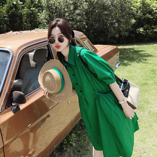 绿色连衣裙女夏2022韩版盐系温柔风气质高级设计感小众衬衫裙